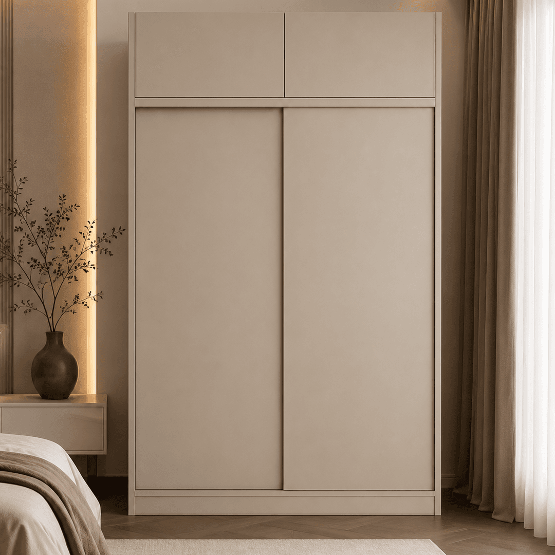 2 Door Sliding Wardrobe with Loft, 2 Drawers & 3 Hanging Spaces | Without Mirror | (Barley)