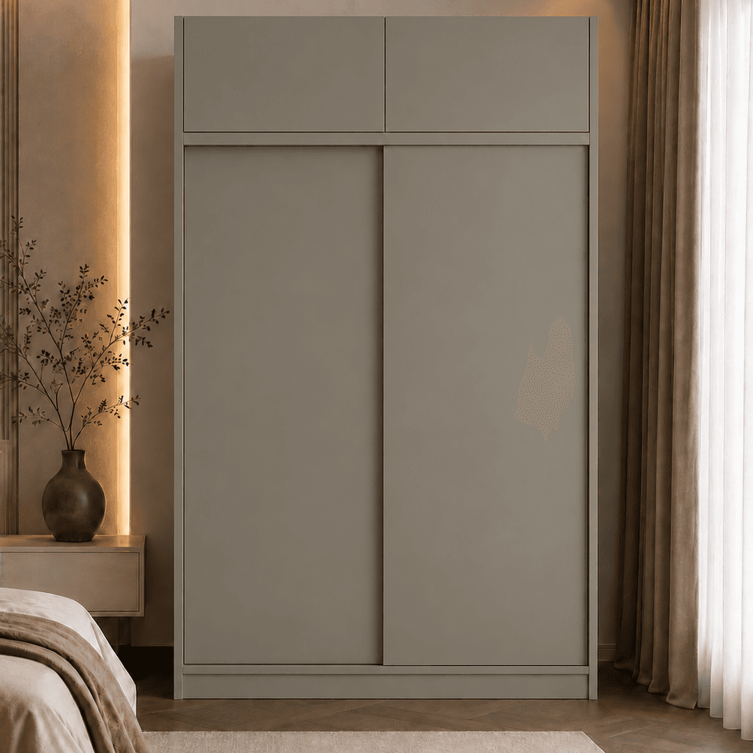 2 Door Sliding Wardrobe with Loft, 2 Drawers & 3 Hanging Spaces | Without Mirror | (Pumic Grey)